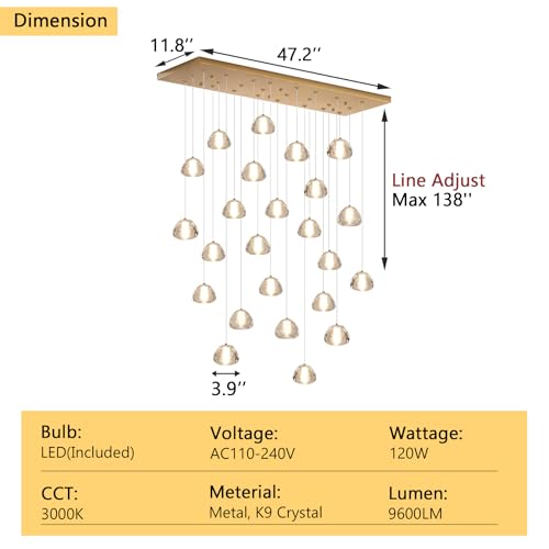 24 Lights Modern Crystal Rectangular Chandelier LED Raindrop Ceiling Pendant Light Crystal Lighting Fixture for Living Room Hotel Staircase Hallway Foyer Entryway Bedroom Gold (24 Count)