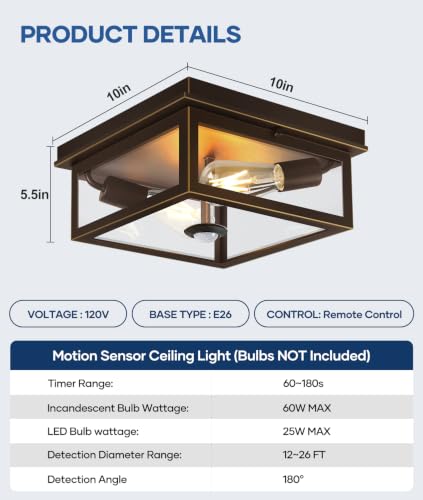 Motion Sensor Outdoor Ceiling Light with Remote