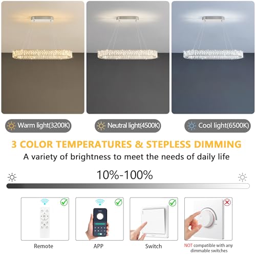 Modern Crystal LED Chandelier Dimmable Oval Chandeliers Rectangular Dining Room Light Fixture with Remote for Living Room Kitchen Island Silver