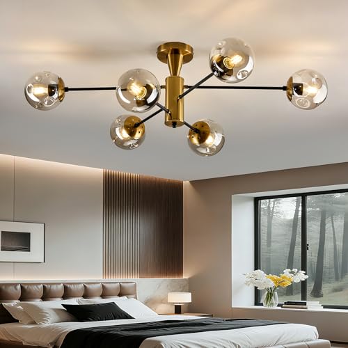 6 Light Gold Sputnik Chandelier Modern Semi Flush Mount Ceiling Light with Glass Globe Shade Mid Century Ceiling Lighting for Dining Room Living Room Kitchen Farmhouse Bedroom