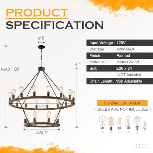 2 Tier Farmhouse Wagon Wheel Chandelier 43" Rustic Large Chandelier (24 Count)