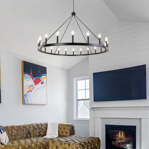 47'' 20 Light Large Black Wagon Wheel Chandelier for Living Room