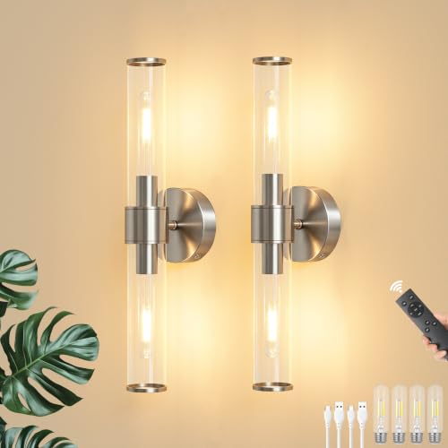 Brushed Nickel Battery Operated Wall Sconces Set of 2