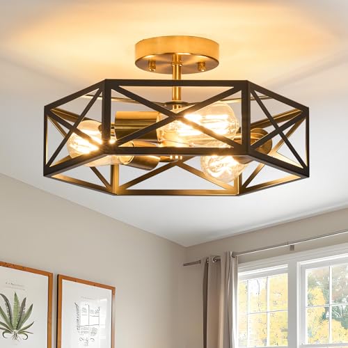 Modern Farmhouse Black and Gold Semi Flush Mount Ceiling Light 14.6 in