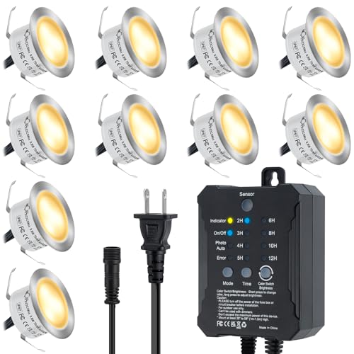 Low Voltage Deck Lights Recessed Kit with Transformer Dimmable Timer and Photocell Sensor Outdoor LED Deck Lighting 3CCT 2700K (10 Count)