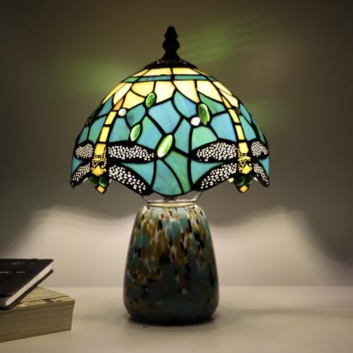 Tiffany Mushroom Table Lamp Dragonfly Style Blue Yellow Stained Glass Accent Lamp Brown Blue Glass Base 8X8X12 Inch