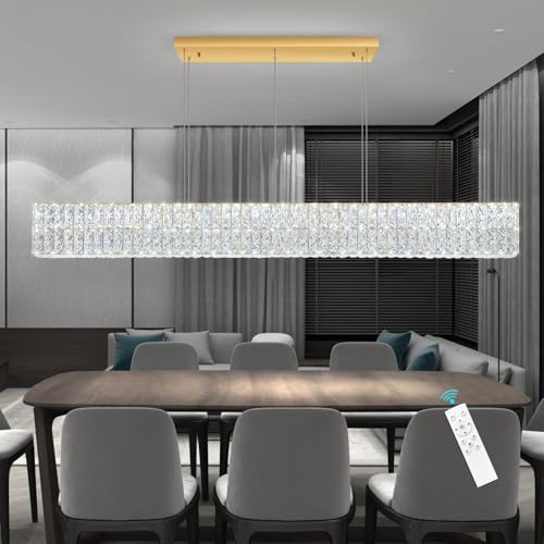 Rectangular Crystal Chandelier Dimmable LED Linear Chandeliers for Dining Room Remote Ceiling Pendants Light Fixture for Kitchen Island Gold