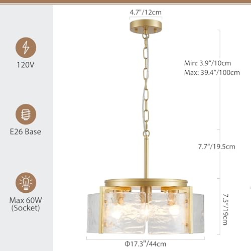 4 Light Glass Gold Chandeliers for Dining Room 17.3" Round Modern Farmhouse Chandelier Drum Hanging Pendant Ceiling Light Fixture for Hallway Entryway Kitchen Island Foyer Bedroom Laundry
