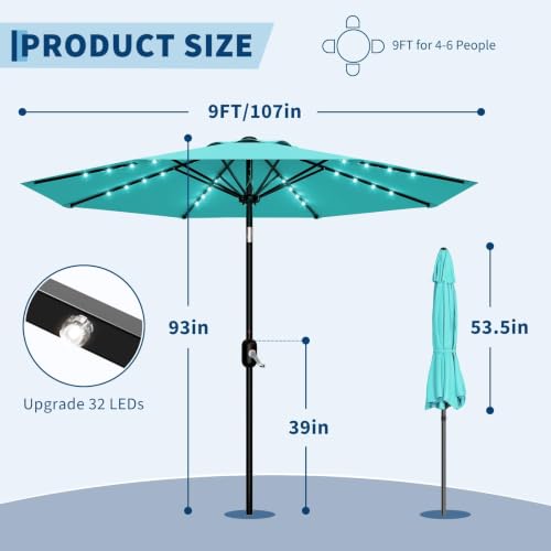 9FT Solar LED Patio Umbrella with Tilt & Crank