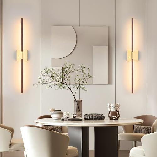 40 Inch Walnut Gold Battery Operated Wall Sconce Set of Two with Remote