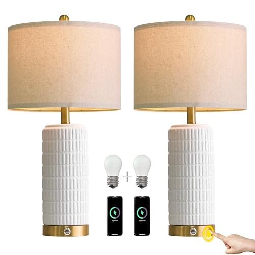 Stone Like Ceramic Table Lamps with USB Ports for Bedroom (2 Count)