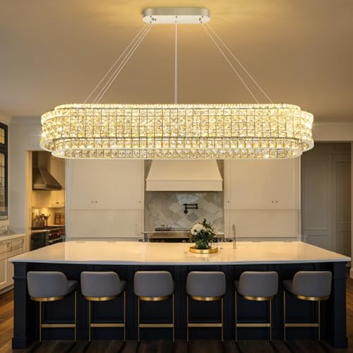 L47 x W12 Modern Chandeliers for Dining Room LED Dimmable Pendant Lighting Ceiling Chandelier Crystal Rectangle Light Fixtures Silver