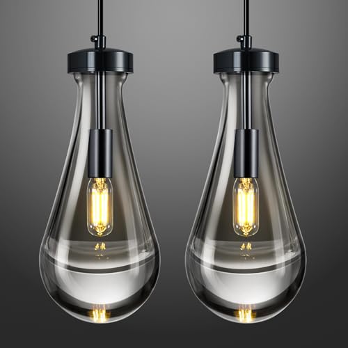 Raindrop Pendant Lights Kitchen Island Teardrop PlatingBlack Hanging Light Fixtures Clear Solid Glass Pendant Light Modern Chandeliers for Dining Room Porch Corridor Living Room (2 Count)