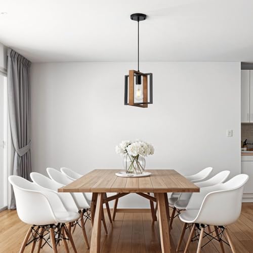 Industrial Small Pendant Lighting, Farmhouse Kitchen Island Hanging Lamp with Cord, Wood+Metal,1 Light E26 Fixture for Dining Room Bedroom Hallway Entryway,9.5 inch
