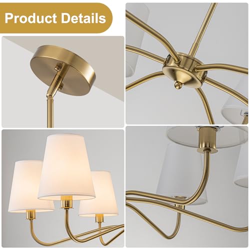 Brass Gold Chandeliers for Dining Room 6 Light Chandelier with Fabric Shade