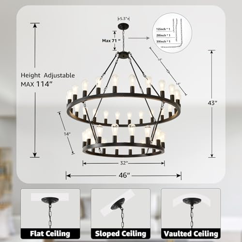 2 Tier 48" Wagon Wheel Light Fixture Black Farmhouse Chandeliers