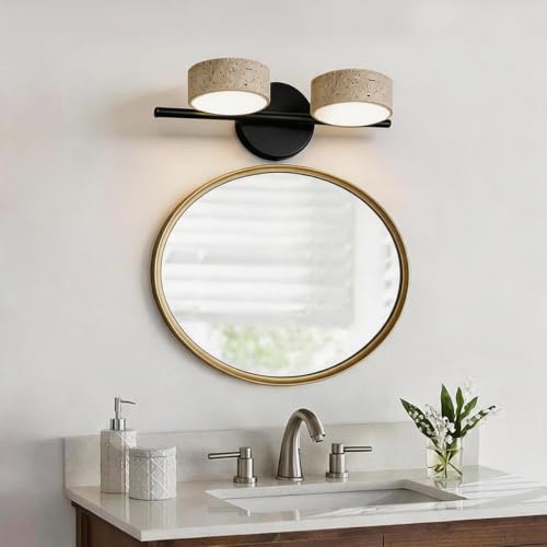 Led Bathroom Lighting Fixtures Over Mirror with 2 Travertine Shades
