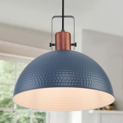 16 Inch Blue Pendant Lights Hammered Matte Pendant Lights for Kitchen Island Industrial Farmhouse Adjustable Height Dome Hanging Light Fixtures for Barn (2 Count)