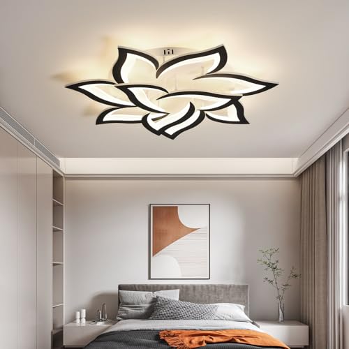 31.5" Black Flower Shaped Ceiling Light 10 Petals Dimmable Modern Ceiling Lamp Remote Control LED Lighting Fixture for Living Room Bedroom Dining Room