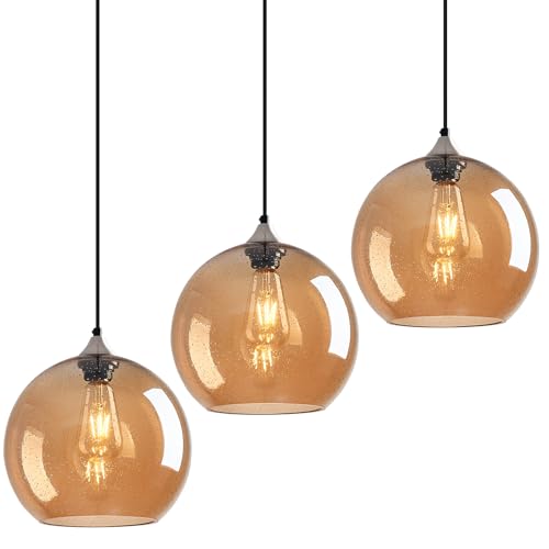Amber Glass Pendant Lights Kitchen Island Globe Pendant Light Fixtures Modern Pendant Lighting for Bedroom Living Dining Room Light Fixture (3 Count)