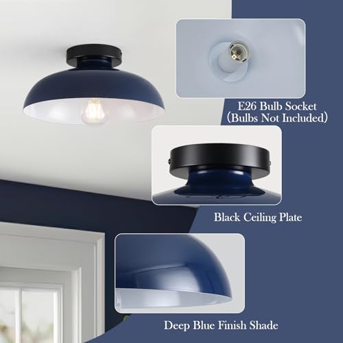 12 Inch Metal Semi Flush Mount Ceiling Light Fixture Industrial Small Ceiling Lights Kitchen Lighting Fixtures Ceiling with Navy Blue Shade for Hallway Entryway Bedroom Foyer Bathroom Laundry Room