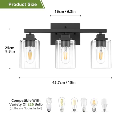 Matte Black Bathroom Light Fixtures (Black-Clear Shade / 3-Light)