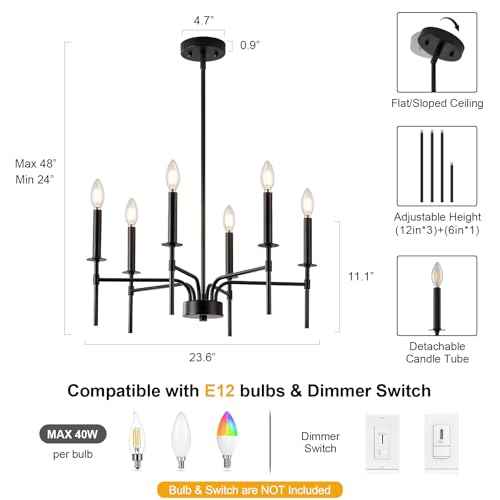 Black Chandelier,6 Light Farmhouse Dining Room Light Fixture,Small Candle Chandeliers for Dining Room Entryway Foyer Bedroom Kitchen Living Room (Bulbs Not Included)