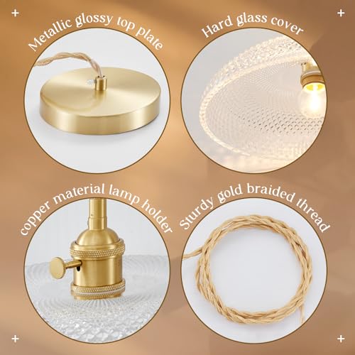 11.8″ Retro Glass Pendant Light Premium Thickened Clear Glass Shade Antique Brass Finish and Adjustable Gold Braided Cord Decorative Lighting for Kitchen Island