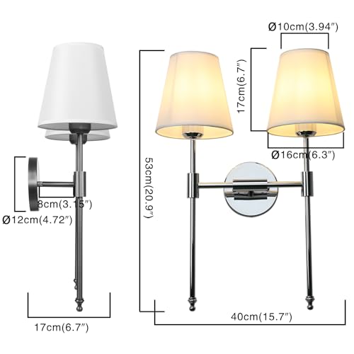 Classic Double Sconce Chrome 2 Lights Wall Sconce Rustic Wall Mount Lighting Fixture with Flared White Textile Lamp Shade