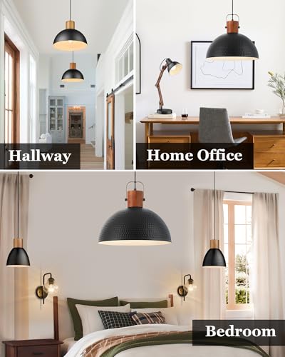 2 Pack Large Ash Wood Hammered Pendant Light Fixtures 16 Inch Metal Dome Ceiling Hanging Lamp (2 Count)