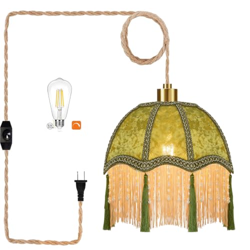 Boho Plug in Pendant Light Rustic Hanging Lights with Plug in Cord & Flower Lampshade (Green-tassels / 11.3)