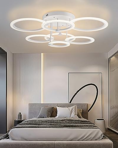 Modern LED Ceiling Light Dimmable Ceiling Light Fixtures with Remote 7 Rings White Close to Ceiling Lights 31.8" 130W 3000K