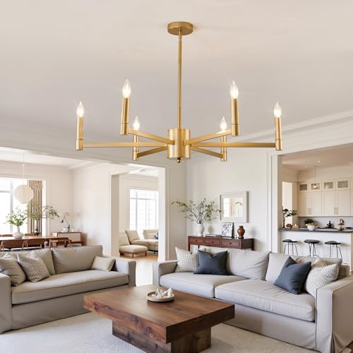 6 Light Gold Candle Chandeliers Modern Farmhouse Ceiling Light Fixture Industrial Lighting for Dining Room Living Room Bedroom Kitchen Island Foyer