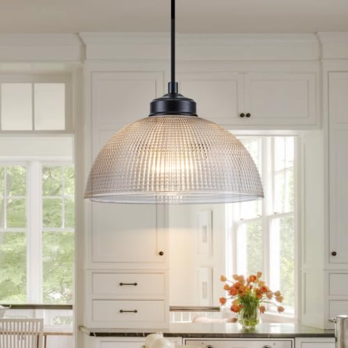 EDSILIVE Vintage Glid Glass Pendant Lights Kitchen Island 9.84" Barn Dome Clear Glass Hanging Ceiling Light Fixture with Black Finish for Dining Room Kitchen Table