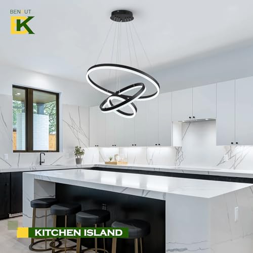 3 Rings Modern LED Chandelier Black Dimmable Pendant Lighting with Remote Control Circular Flush Mount High Ceiling Light for Dining Room Living Room Entrance Foyer