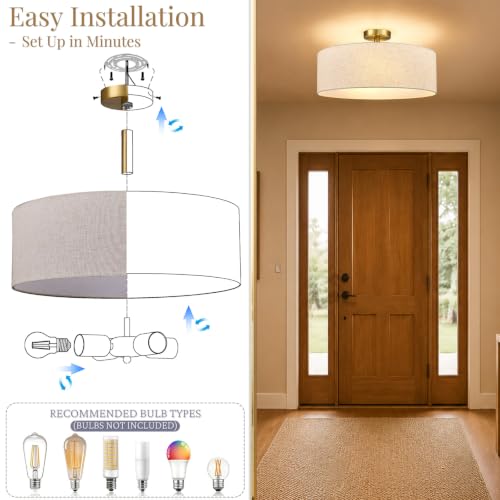 20 Inch Drum Semi Flush Mount Ceiling Light Fixture Gold