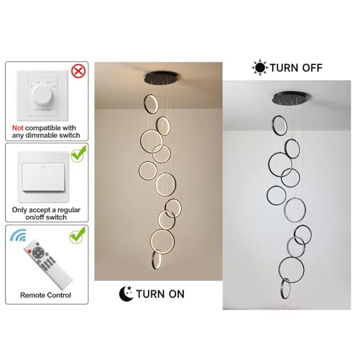 Modern 10 Ring Black LED Chandelier for High Ceilings and Foyers