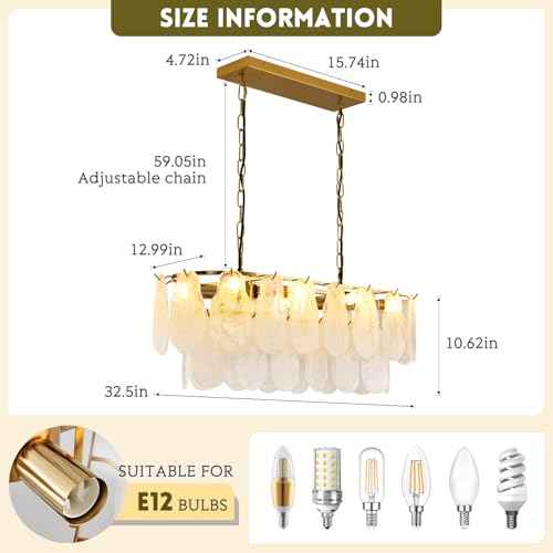 KELUOLY Gold Rectangle Chandeliers for Dining Room Modern Island Light Crystal Cloud Glass 8-Light Chandelier 2 Tier Rectangular Linear Pendant Hanging Ceiling Light Fixture for Kitchen L31.5” (E12)