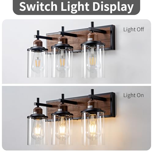3 Light Farmhouse Bathroom Light Fixtures Vintage Vanity Lights Over Mirror Black and Wood Painted Metal Vanity Light with Glass Shades E26 Socket