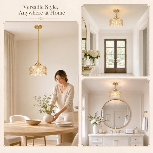 Brushed Gold Vintage Pendant Light Amber Glass Island Lights for Kitchen