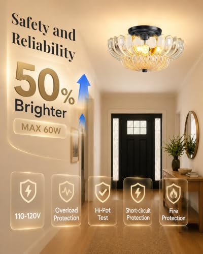 Semi Flush Mount Ceiling Light Fixture 11.8" Vinatge Black Ceiling Lights Mid Century Modern Clear Glass Close to Ceiling Lighting Fixtures for Bedroom Hallway Foyer Bathroom Kitchen Entryway