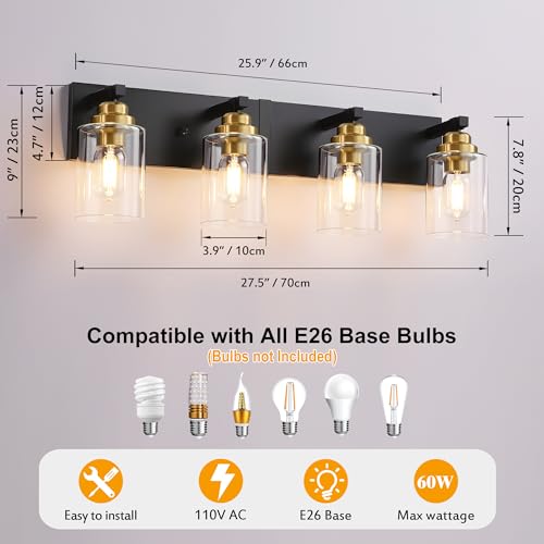 4 Light Black and Gold Bathroom Vanity Light