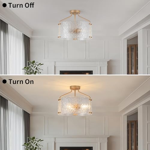 Semi Flush Mount Ceiling Light Fixture Glass Drum Chandelier Entryway Light Fixture 16''Gold Flush Mount Ceiling Lights 3 (3 Count)