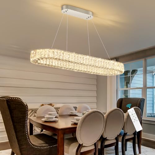 Oval Crystal Chandelier Modern Dimmable LED Chandeliers for Dining Room Rectangular Light Fixture with Remote for Living Room Kitchen Light Silver
