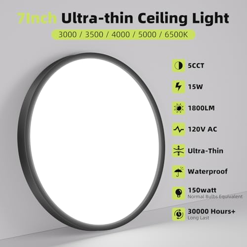 1PACK Flush Mount LED Ceiling Light Fixtures 5 Color Temperatures in One &100W Equivalent Flat Bathroom Ceiling Light (2 Count)