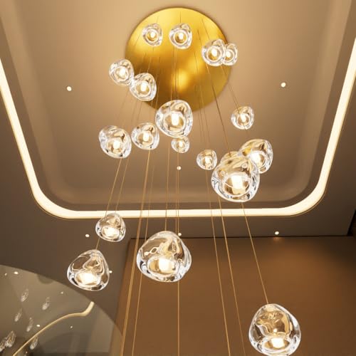 Glam Chandelier with LED Dimmable Bulbs Bubble Crystal Balls Glam Chandeliers High Ceiling Pendants Light Fixtures Adjustable Long Lights Gold Light