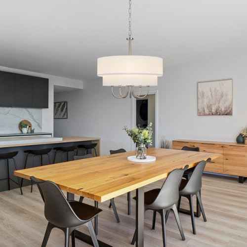 Modern Drum Chandeliers for Dining Room Light Fixture 5 Light Brushed Nickel Chandelier with Shades Contemporary Farmhouse Hanging Large Pendant Lighting for Kitchen Island Living Room Entryway Foyer