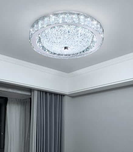11.8" Modern Mini Crystal Chandelier Dimmable LED Flush Mount Ceiling Light with Remote Control for Bedroom Hallway Dining Room Silver