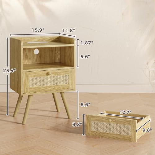 Nightstand with Charging Station & Rattan