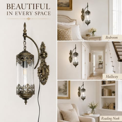 Rustic Gothic Plug in Wall Sconce with Glass